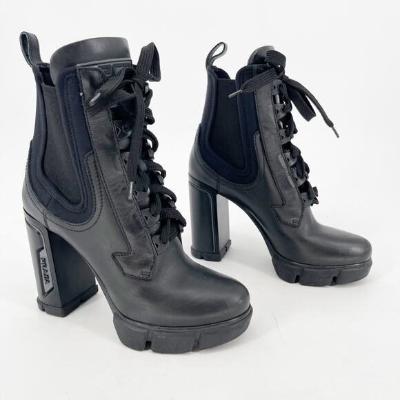 Prada Black Buffalo Neoprene Lace Up Combat Chelsea Heeled Ankle Boot IT 36